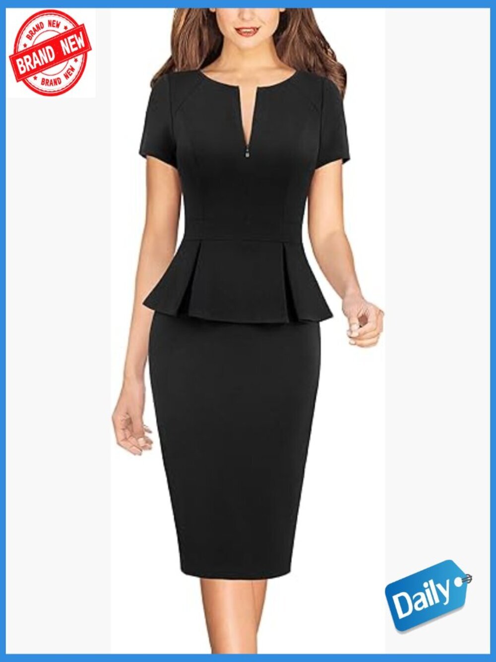 Front Zipper Peplum Bodycon Sheath Dress, Work Office Business Pencil Dress